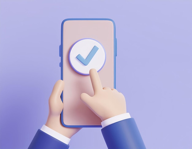 A hand reaches out to tap a checkmark on a phone screen