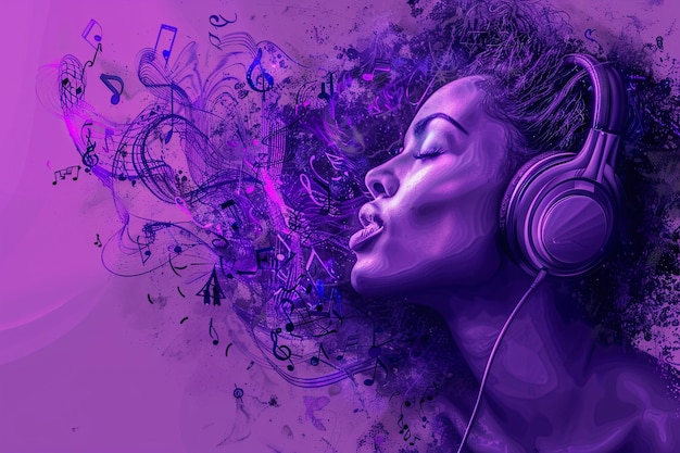 a headphones with music notes and a headband on a purple background
