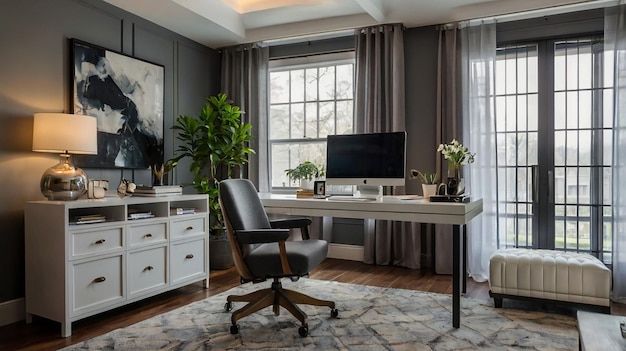 a home office with a desk and a monitor