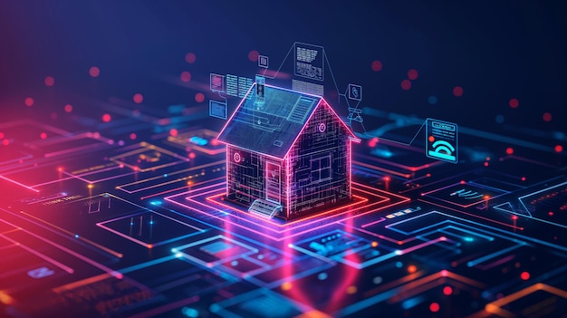 a house made of glowing dots is sitting on top of a computer motherboard