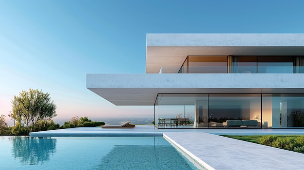 a house with a pool and a pool with a view of the ocean
