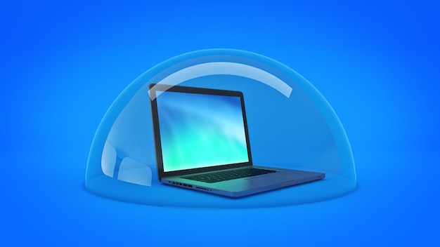 A laptop is in a bowl with a blue background.