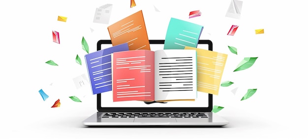 a laptop with a colorful display of papers on it