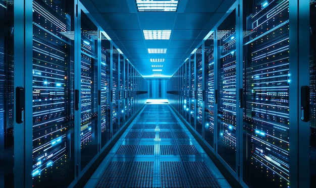 a large computer room with a blue light on the ceiling