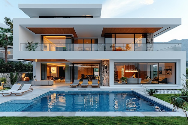 a large house with a pool and a house with a pool in the background