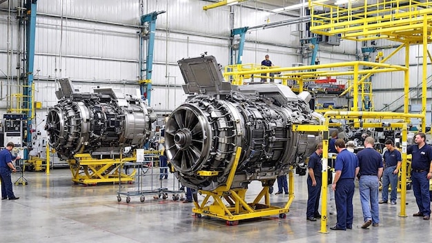 A large jet engine is in a factory with other parts waiting for repair or maintenance