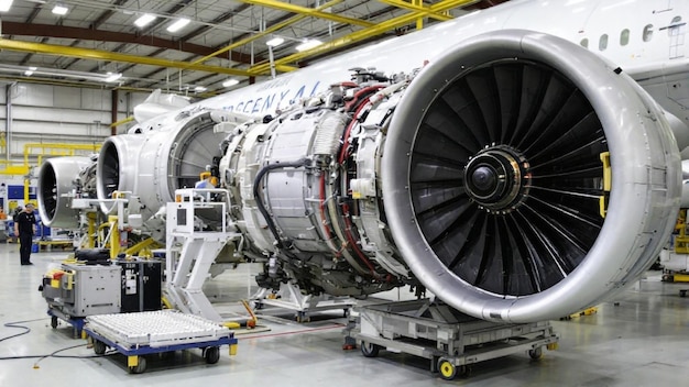 A large jet engine is in a factory with other parts waiting for repair or maintenance