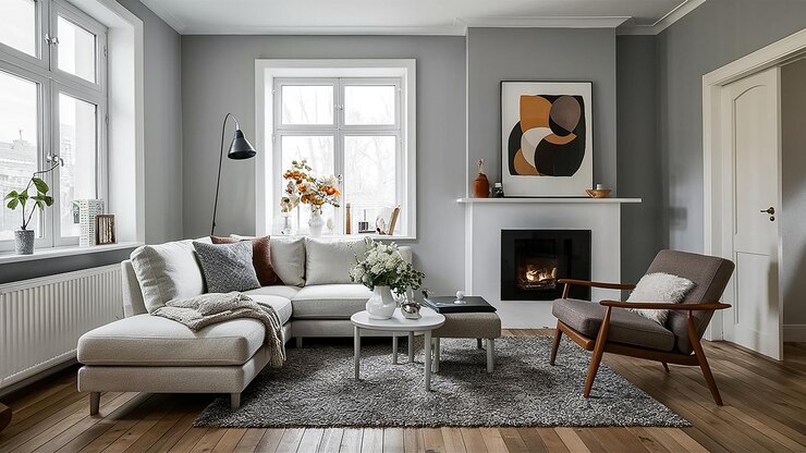 Foto a living room with a fireplace and a couch with a painting on the wall
