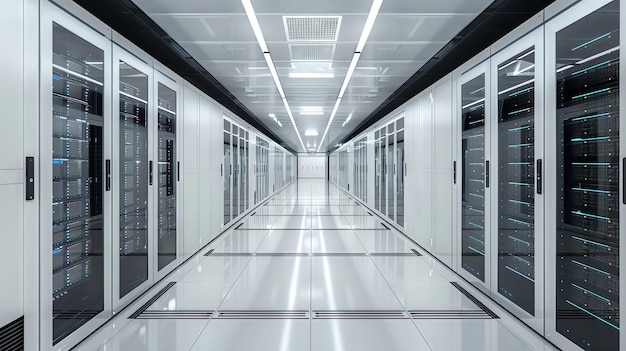 A long empty corridor lined with rows of server racks in a modern data center