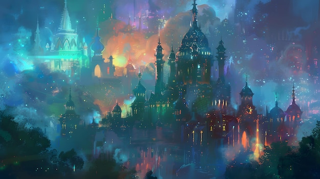 A majestic palace with iridescent domes and glowing spires set in a luminous landscape style