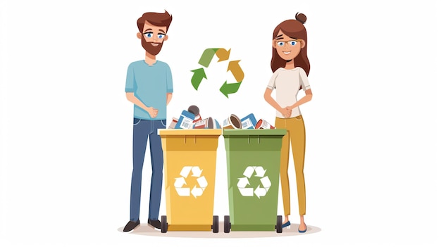 a man and a woman stand in front of a table with trash cans and a man standing next to them