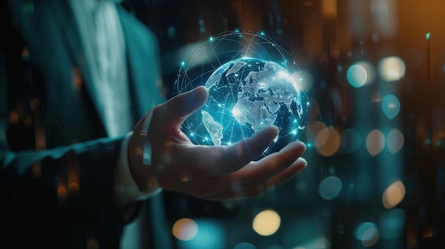 a man holding a globe with the world in the background