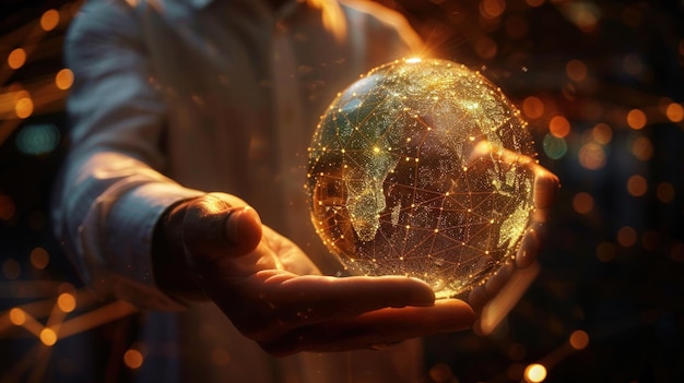 a man holding a globe with the world in the background