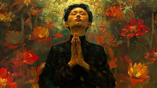 a man in a black robe is praying with the words  god  on the bottom