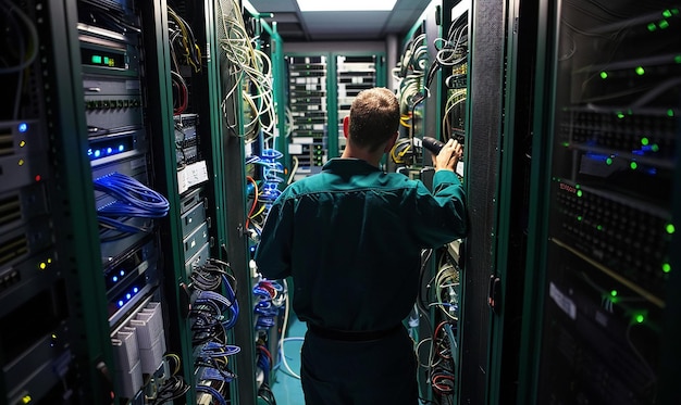 a man in a green uniform is looking at a computer screen