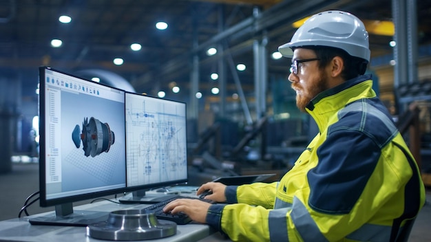 A man in a hard hat sits at a computer with a large piece of construction equipment on the screen.