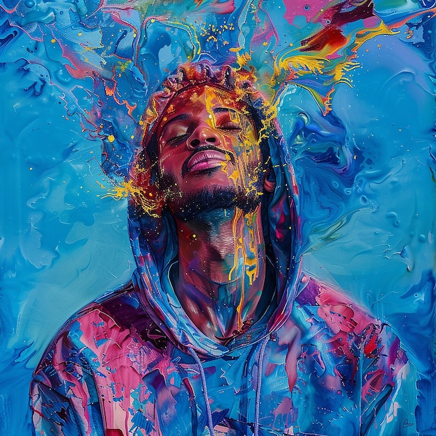 a man in a hoodie is standing in front of a colorful image