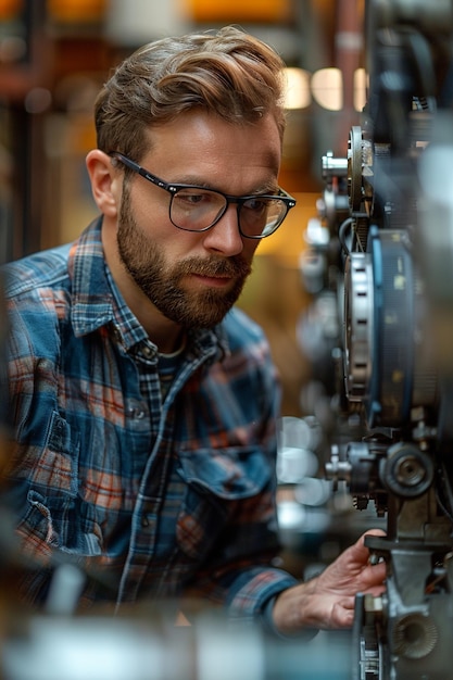 a man in a plaid shirt looking at a machine