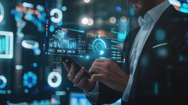 a man in a suit is using a smart phone with the word data on the screen