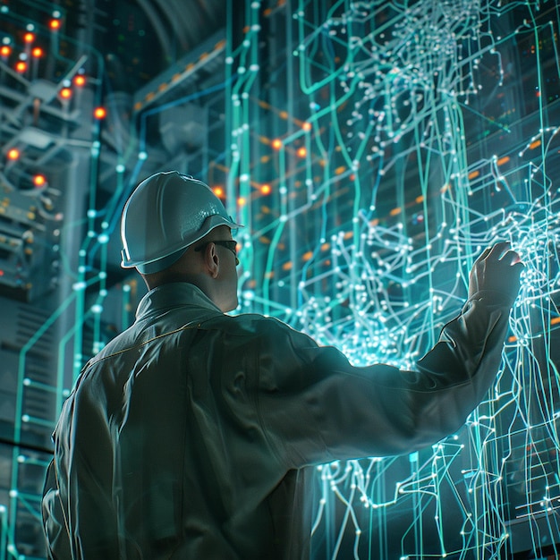 a man is looking at a circuit board with the word  on it