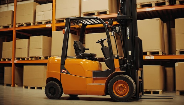 a man is riding a forklift in a warehouse full of boxes