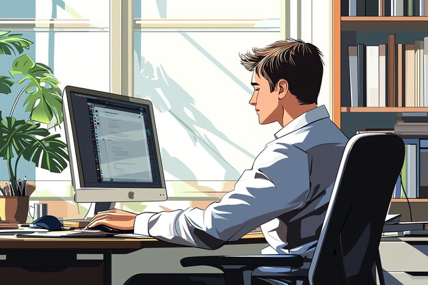 a man is working at a computer with a picture of a man working on the computer
