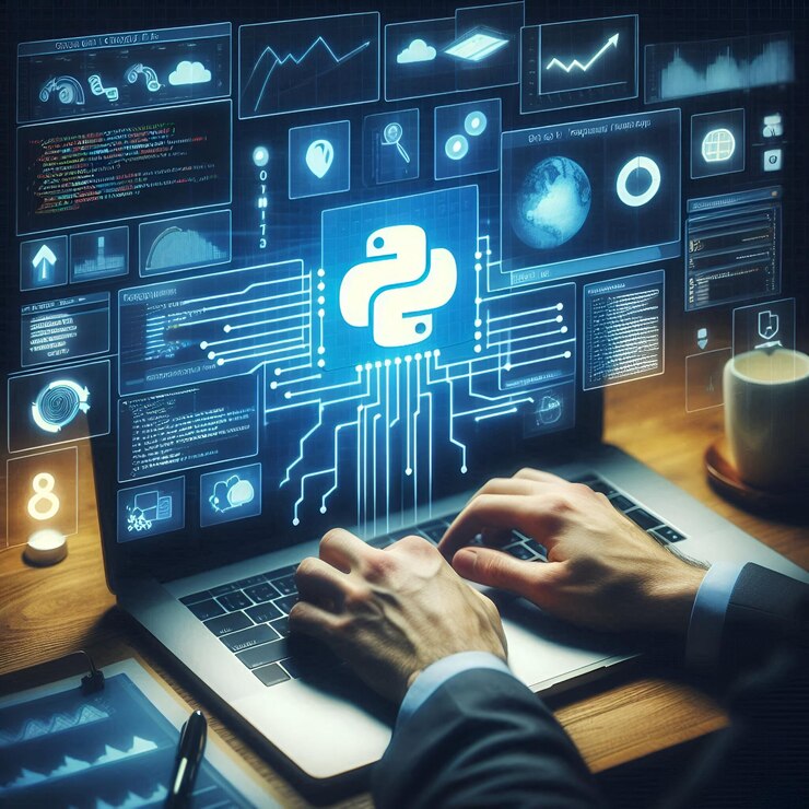Foto a man is working on a laptop with a blue screen that says internet