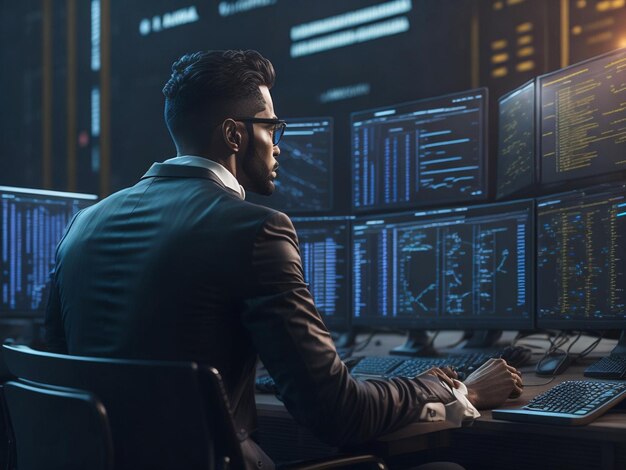 a man sits at a computer with a graph in the background.