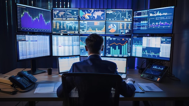 a man sits at a desk in front of a computer screen with the data displayed on the screen