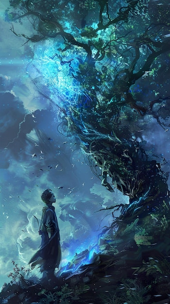 a man stands in front of a tree with a fish in it