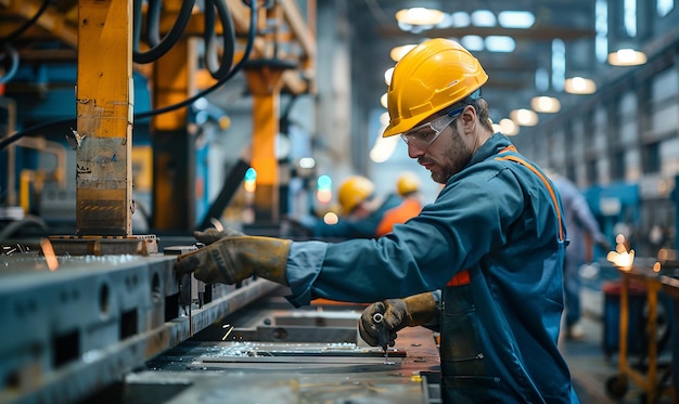 a man wearing a hard hat is working on a machine