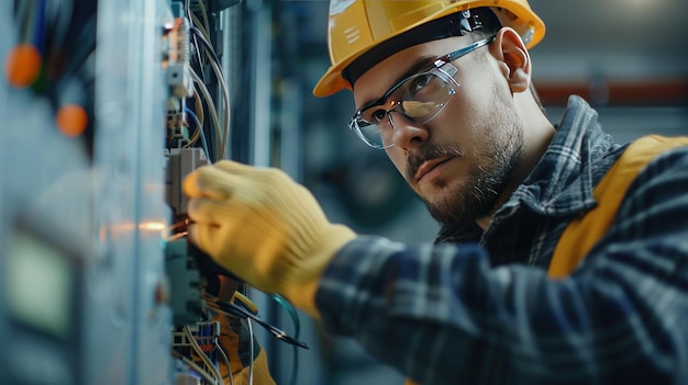 a man wearing a yellow hard hat is working on a computer