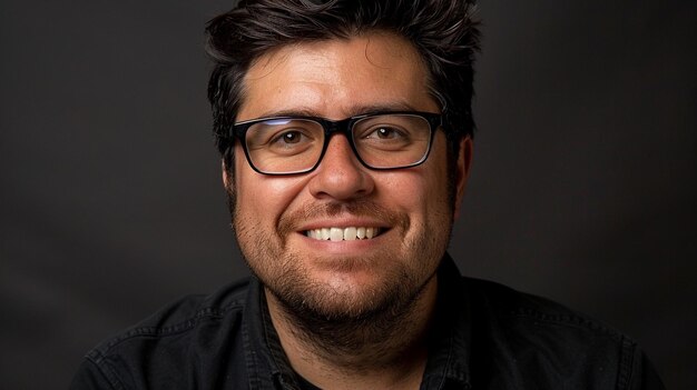 a man wearing glasses and a black shirt with a black shirt that says  he is smiling