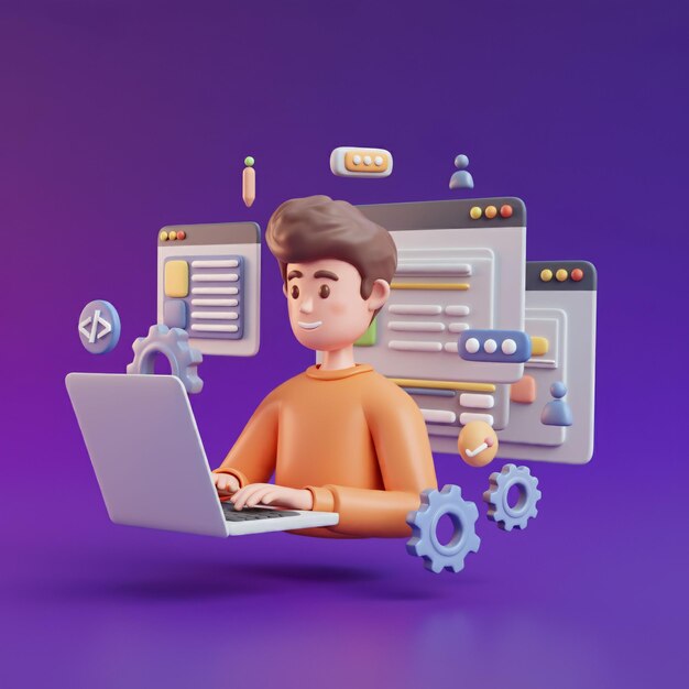 a man working on a laptop with a computer mouse and a set of gears