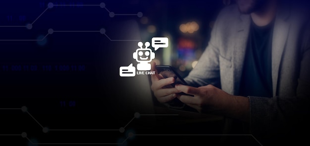 a mans hands are seen holding a smartphone utilizing live chat for online communication and customer service a futuristic technology transformation