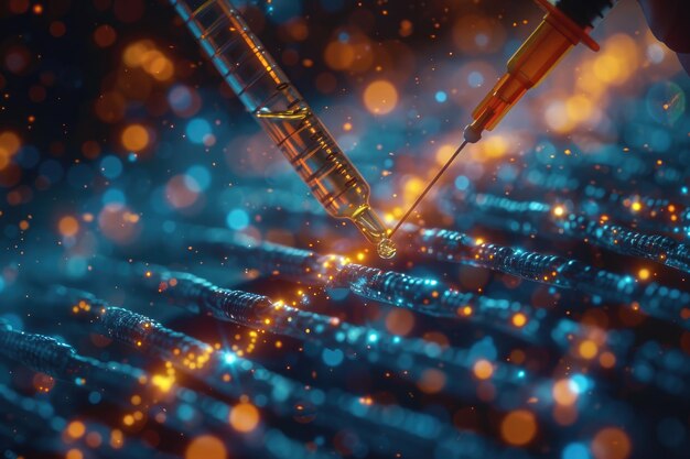 A medical doctor holds a syringe on an electronic medical data network DNA Digital healthcare and network connection hologram with modern virtual interface medical technology and future concept