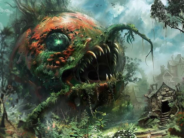 a monster with a green eyes and a red face with a green eye