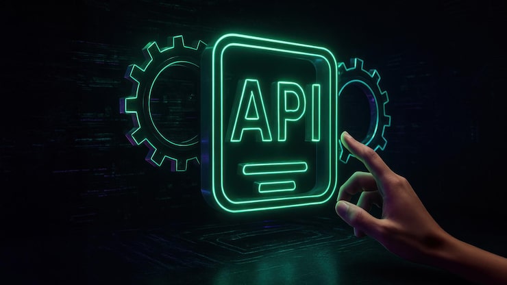 Bild a neon api floats surrounded by gears and digital data symbolizes application programming interface with futuristic api programming interaction