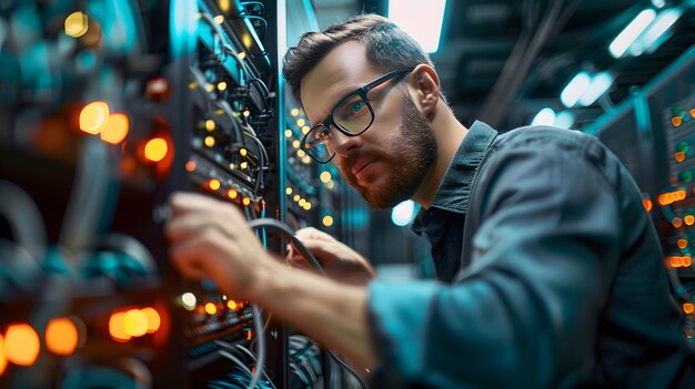 a network engineer configuring network hardware in a server room ensuring smooth communication