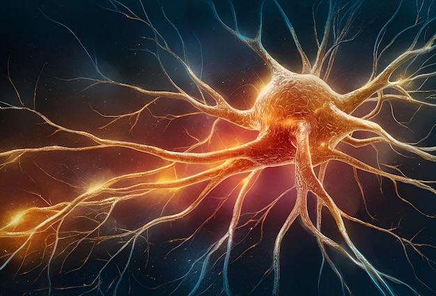 A neural network representing as interconnected nodes and synapses glowing in golden color