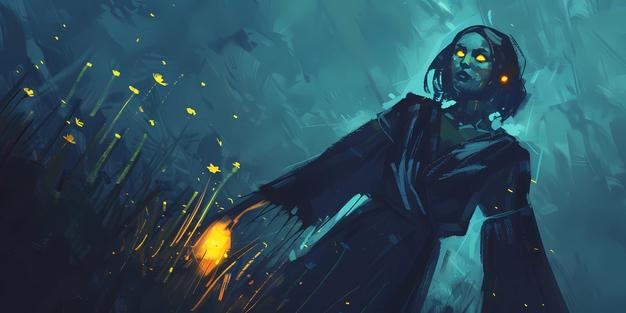 a painting of a dark silhouette with glowing eyes