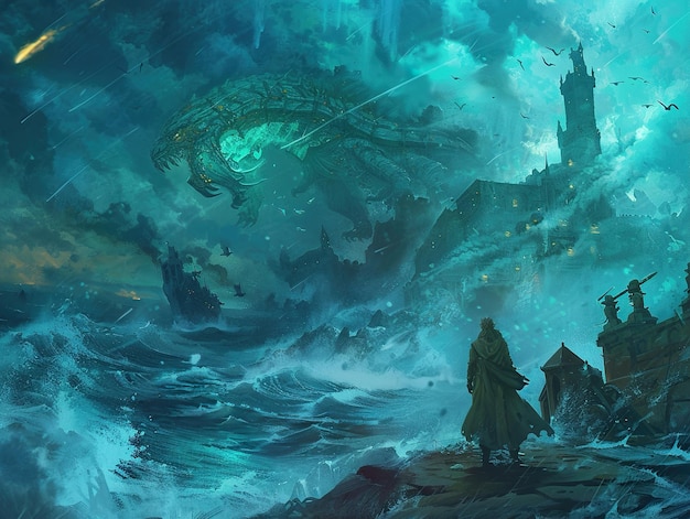 a painting of a dragon on a beach with a castle in the background