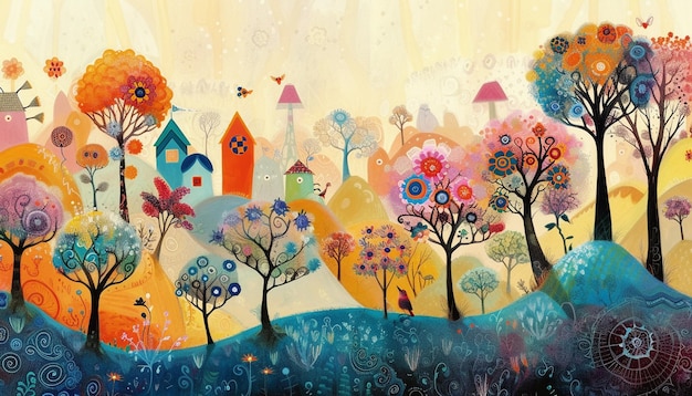 a painting of a house with a tree and a house in the background