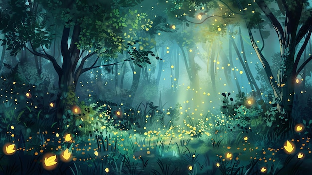 A painting of a magical forest at night with glowing fireflies
