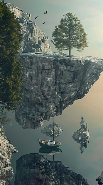 a painting of a man fishing in a boat with trees in the background