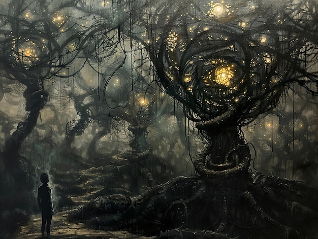 a painting of a man standing in a forest with a tree in the middle