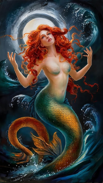 a painting of a mermaid with red hair and a mermaid on the bottom