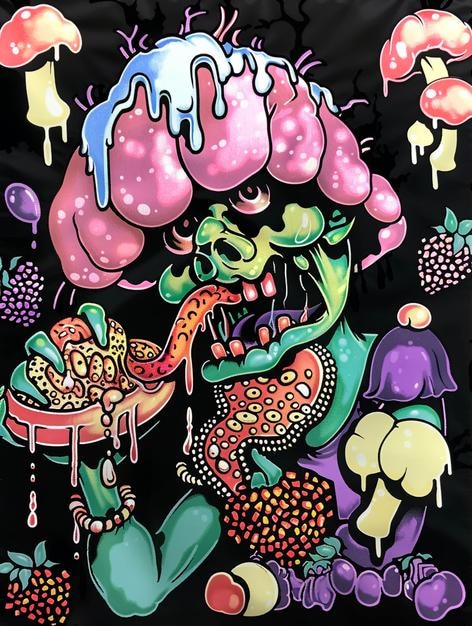 a painting of a monster with a purple hat and a large dragon with a large orange beak