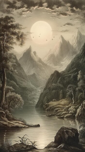 A painting of a river with mountains in the background.