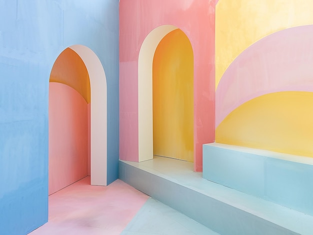 a painting of a room with a pink and yellow wall and a pink and blue and yellow wall
